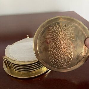 Vintage set of 6 Brass Coasters in Stand with Pineapple Motif